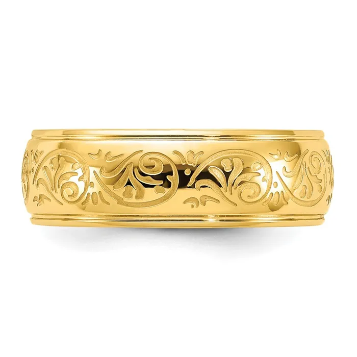TreasureFineJewelers Rings Stainless Steel Polished Yellow IP Etched Design Ridged Edge 75mm Band