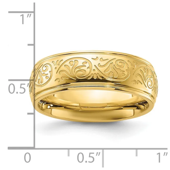 TreasureFineJewelers Rings Stainless Steel Polished Yellow IP Etched Design Ridged Edge 75mm Band