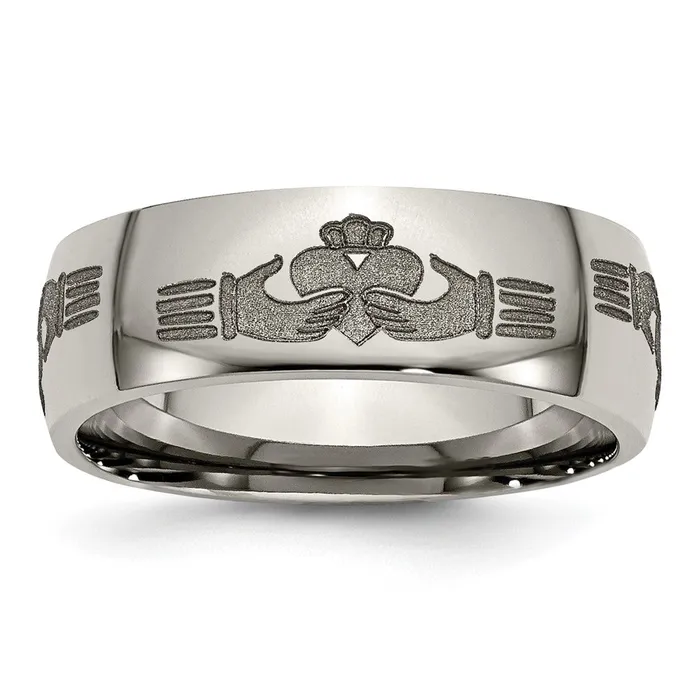 TreasureFineJewelers Rings Titanium Polished Claddagh Laser Design 8mm Band TreasureFineJewelers Rings Titanium Polished Claddagh Laser Design 8mm Band