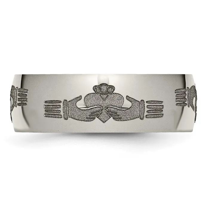TreasureFineJewelers Rings Titanium Polished Claddagh Laser Design 8mm Band