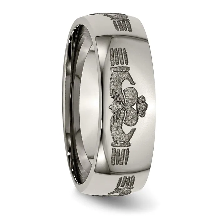 TreasureFineJewelers Rings Titanium Polished Claddagh Laser Design 8mm Band