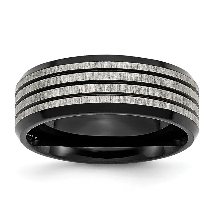 TreasureFineJewelers Stainless Steel BrushedPolished Black IPplated Striped 8mm Band Rings TreasureFineJewelers Stainless Steel BrushedPolished Black IPplated Striped 8mm Band Rings