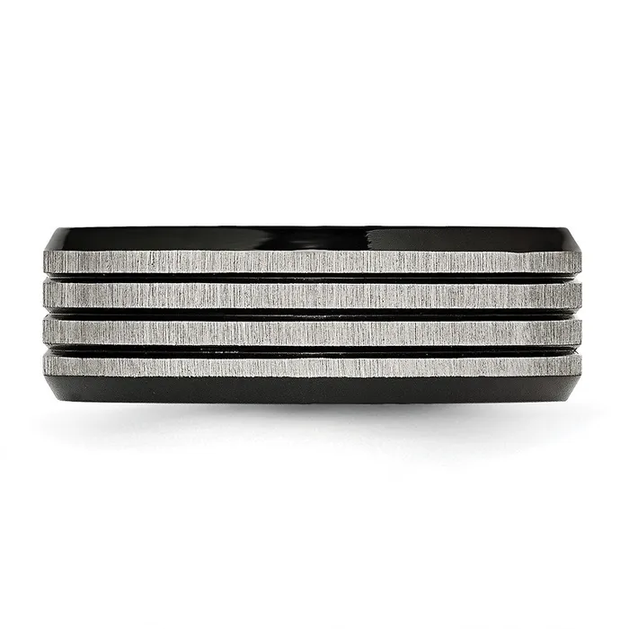 TreasureFineJewelers Stainless Steel BrushedPolished Black IPplated Striped 8mm Band Rings
