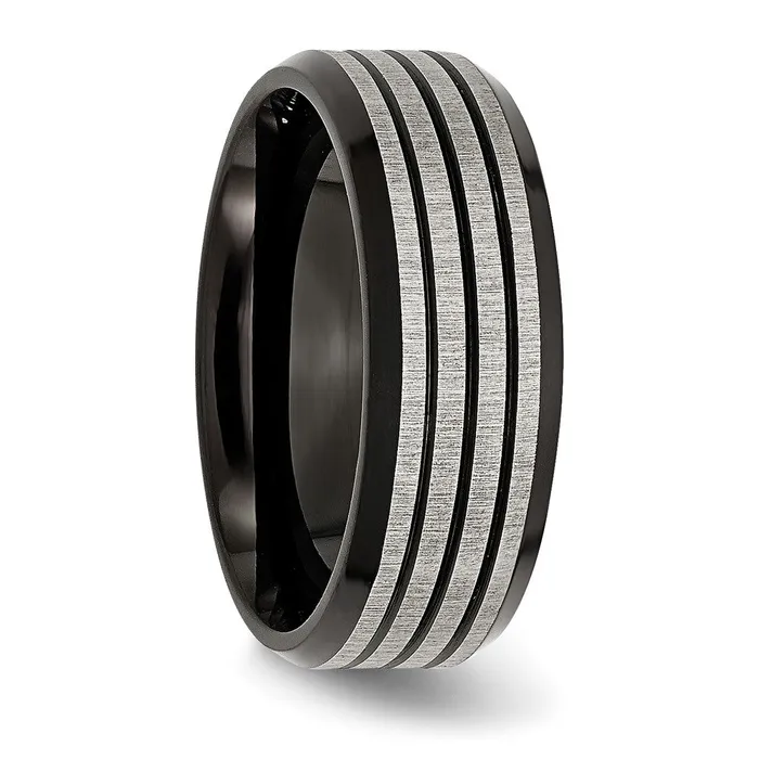 TreasureFineJewelers Stainless Steel BrushedPolished Black IPplated Striped 8mm Band Rings