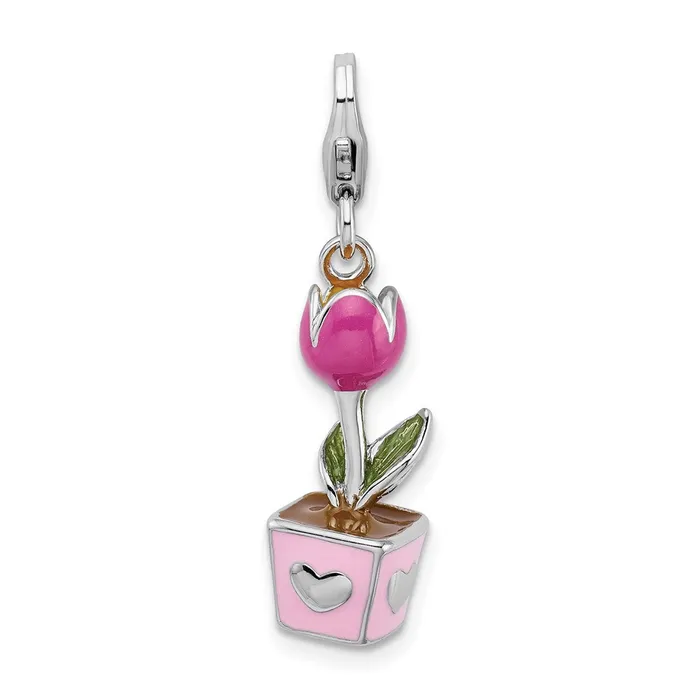 TreasureFineJewelers Sterling Silver Amore La Vita Rhodiumpl 3D Enameled Potted Tulip Charm Rings TreasureFineJewelers Sterling Silver Amore La Vita Rhodiumpl 3D Enameled Potted Tulip Charm Rings