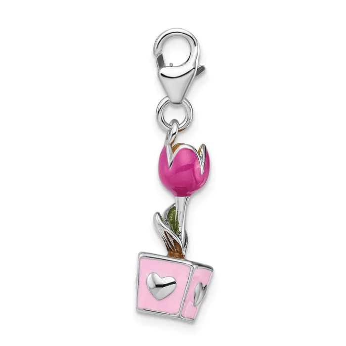 TreasureFineJewelers Sterling Silver Amore La Vita Rhodiumpl 3D Enameled Potted Tulip Charm Rings
