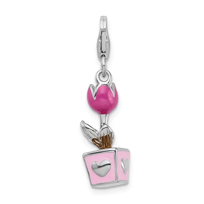TreasureFineJewelers Sterling Silver Amore La Vita Rhodiumpl 3D Enameled Potted Tulip Charm Rings
