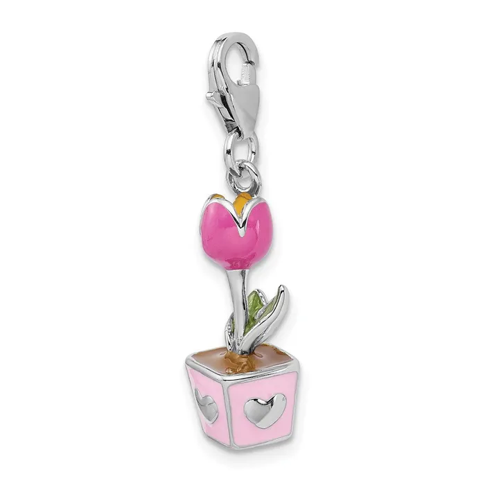 TreasureFineJewelers Sterling Silver Amore La Vita Rhodiumpl 3D Enameled Potted Tulip Charm Rings