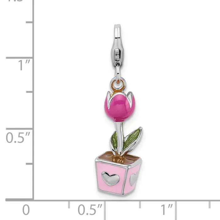 TreasureFineJewelers Sterling Silver Amore La Vita Rhodiumpl 3D Enameled Potted Tulip Charm Rings