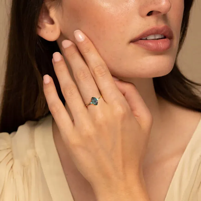 Trendolla Jewelry Rings Elegant Hexagon Emerald Green Natural Moss Agate Adjustable Ring