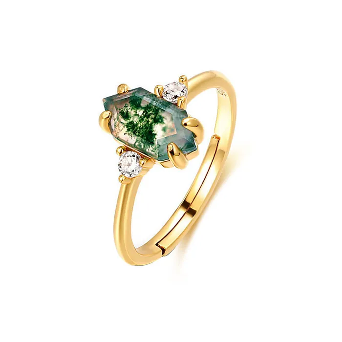 Trendolla Jewelry Rings Elegant Hexagon Emerald Green Natural Moss Agate Adjustable Ring