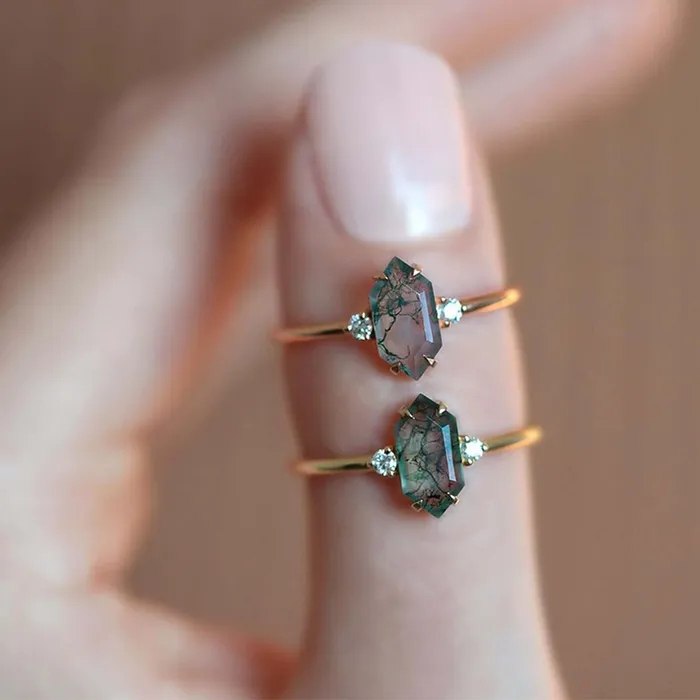 Trendolla Jewelry Rings Elegant Hexagon Emerald Green Natural Moss Agate Adjustable Ring