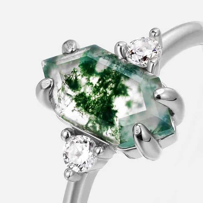 Trendolla Jewelry Rings Elegant Hexagon Emerald Green Natural Moss Agate Adjustable Ring