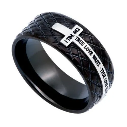 TRUE LOVE WAITS 1 Timothy 412 Black Steel Diamond Back Cross Ring North Arrow Shop Rings TRUE LOVE WAITS 1 Timothy 412 Black Steel Diamond Back Cross Ring North Arrow Shop Rings
