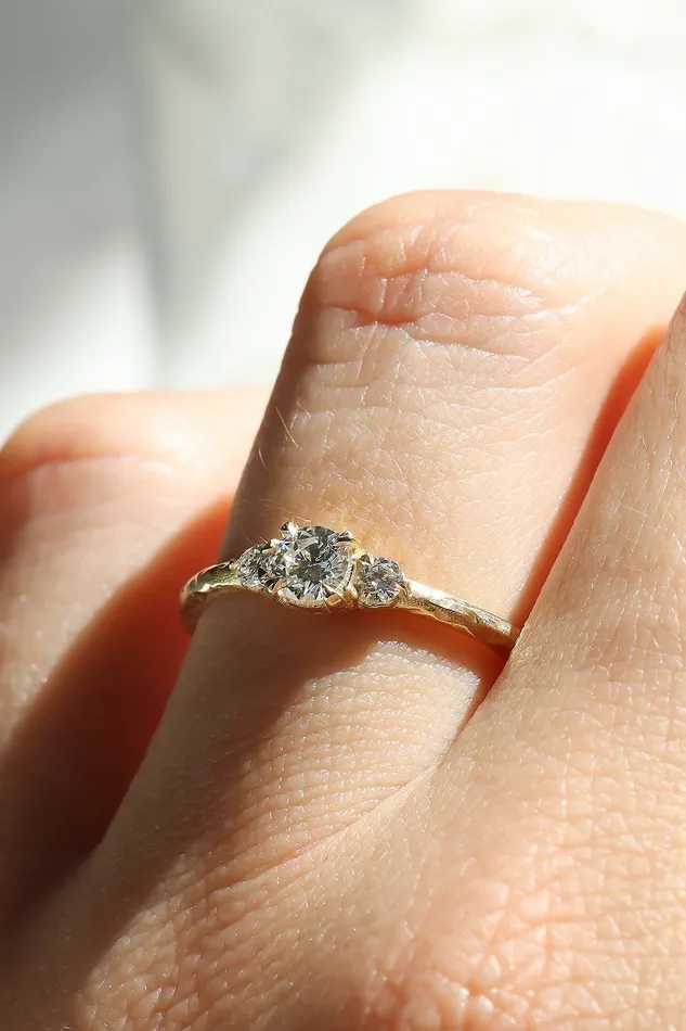 Lacee Alexandra Jewelry Rings Three Stone Engagement Ring With Hammered Band Texture in Solid Gold Ready To Ship Lacee Alexandra Jewelry Rings Three Stone Engagement Ring With Hammered Band Texture in Solid Gold Ready To Ship