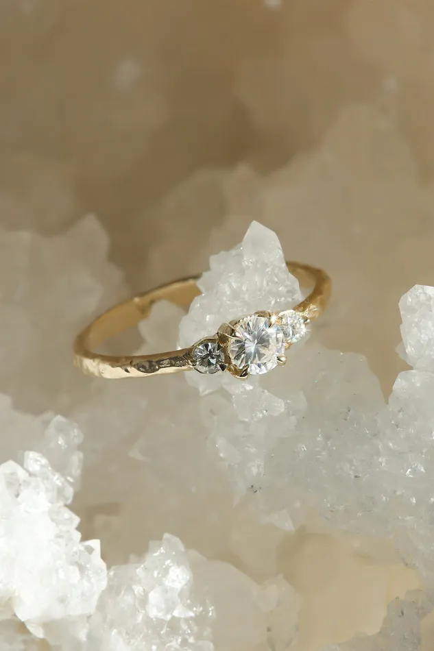Lacee Alexandra Jewelry Rings Three Stone Engagement Ring With Hammered Band Texture in Solid Gold Ready To Ship