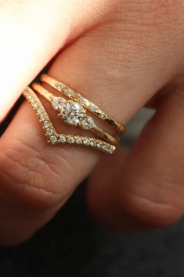 Lacee Alexandra Jewelry Rings Three Stone Engagement Ring With Hammered Band Texture in Solid Gold Ready To Ship