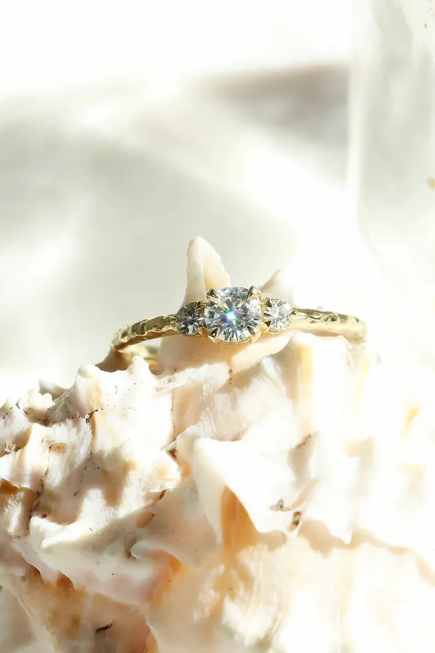 Lacee Alexandra Jewelry Rings Three Stone Engagement Ring With Hammered Band Texture in Solid Gold Ready To Ship