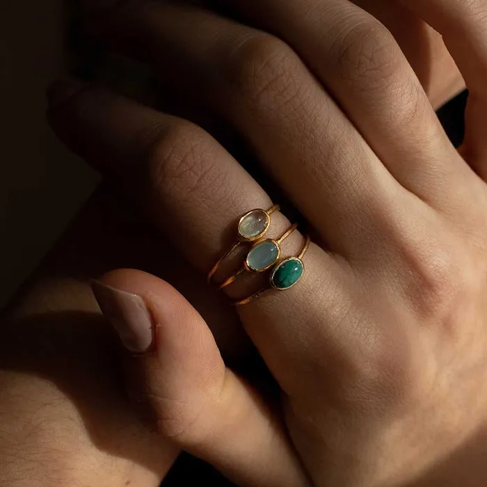 Rings Silver Lotus Gold Plated Blue Chalcedony Oval Ring